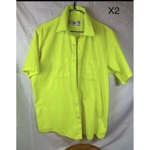 2- Men's Lite Fix Neon Yellow Large  Short Sleeve Button Up Work Shirt UPF 50